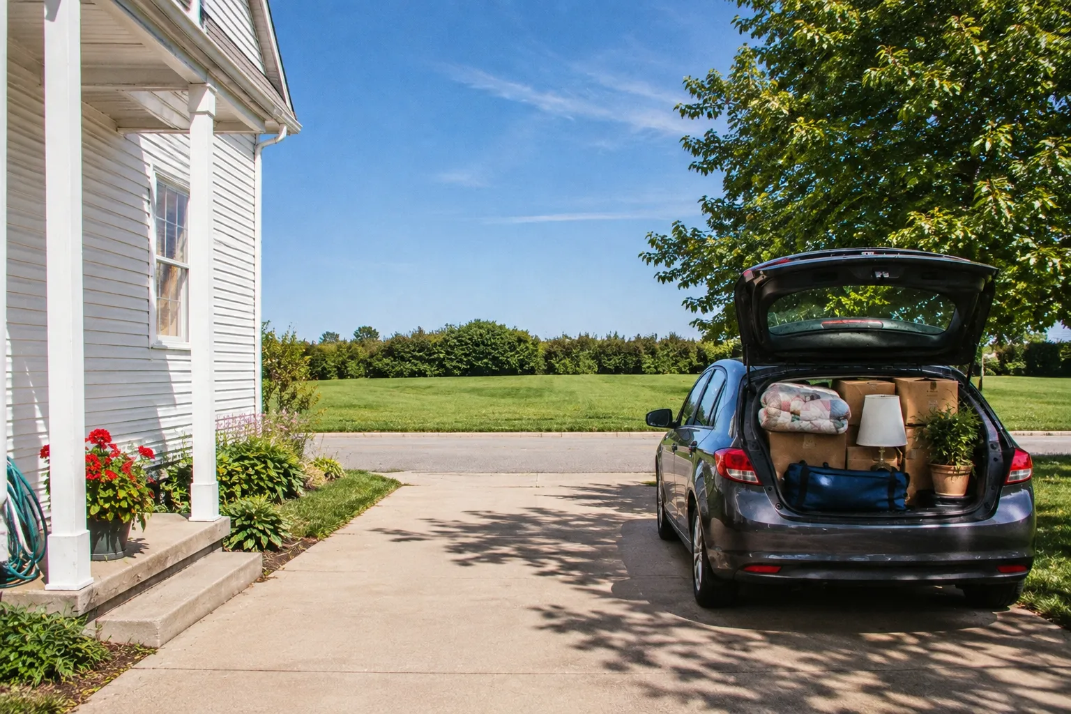 A hatchback packed with boxes, a lamp and a potted plant, parked in a driveway before the drive to school.